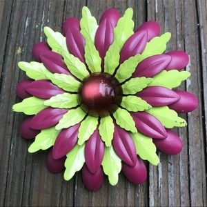 Magenta Green Jeweled Enamel Flower Brooch Floral Metal Pin Vintage 50s 60s